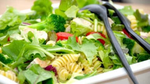 Super lækker kyllingesalat opskrift med stegt kylling og dejlige grøntsager. Det blandes med en mixed salat og en velsmagende dressing. Foto: Madensverden.dk.