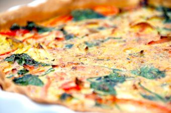 Du skal prøve denne super lækre spinattærte med skinke og porrer. Tærten er nem at lave, og fyldt med spinat, skinke, porrer og rød peberfrugt. Foto: Madensverden.dk.