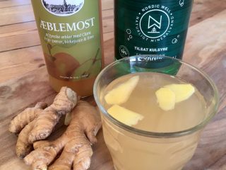 Du kan nemt lave en sund sodavand baseret på danskvand med juice, som her med æblejuice og frisk ingefær. Find din egen ynglingsvariant. Foto: Charlotte Mithril / Madensverden.dk