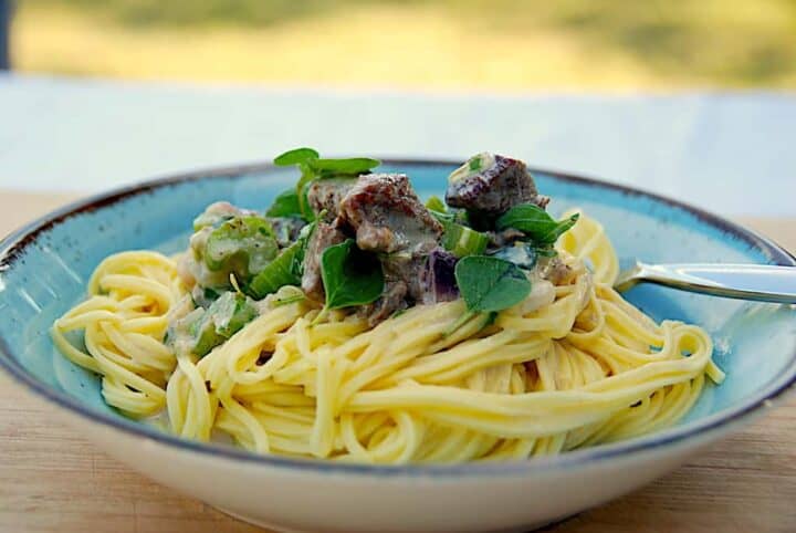 billede med pasta med kalvemørbrad