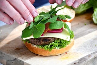 verdens bedste burger toppes med friske ærteskud
