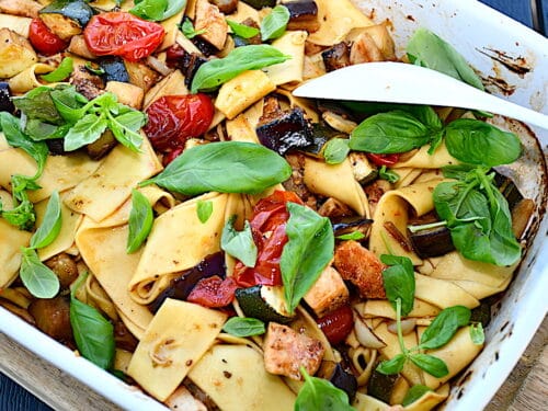billede til pasta med bagte grøntsager