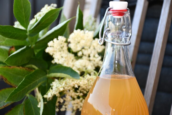 Hyldeblomstsaft i flaske