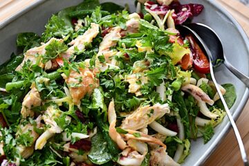 Billede af salat med rest af kylling og grønne bønner.