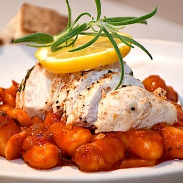 Billede af gnocchi i tomatsauce med citronstegt kylling.