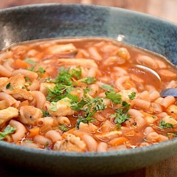 Billede af kylling pastasuppe med tomat og suppehorn.