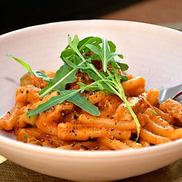 Billede af pasta med svinemørbrad.